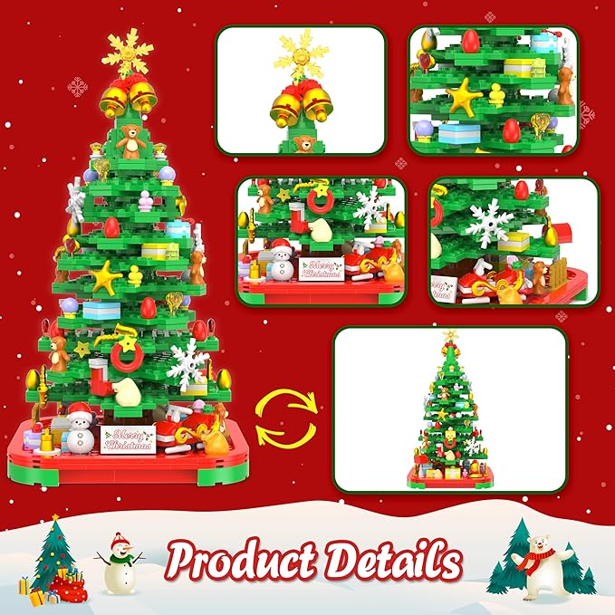 Christmas Tree Building Blocks Kit with Lights, Compatible with Lego Christmas Tree Toy Building Sets, Creative Christmas Decor Building Toys for 6+ Year Old Boys/Girls