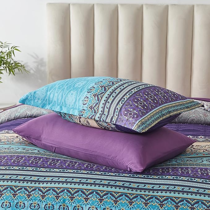 Cottolester Boho Comforter Set Queen Size 8 Piece Bed in a Bag Bohemian Striped Bedding Quilt Set Aqua Paisley Floral Comforter and Sheet Set,Soft Microfiber Complete Bedding Sets for All Season