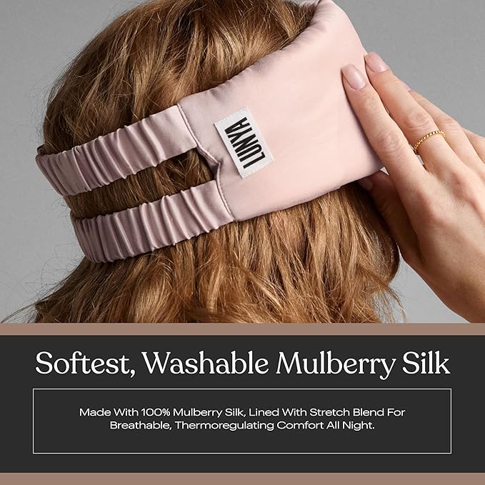 Lunya Weighted Silk Sleep Mask – Mulberry Silk Eye Cover with Cooling Glass Beads, Noise-Reducing Fit, Washable Fabric, and Travel Pouch – Sleeping Mask for Men and Women - Delicate Pink - Large