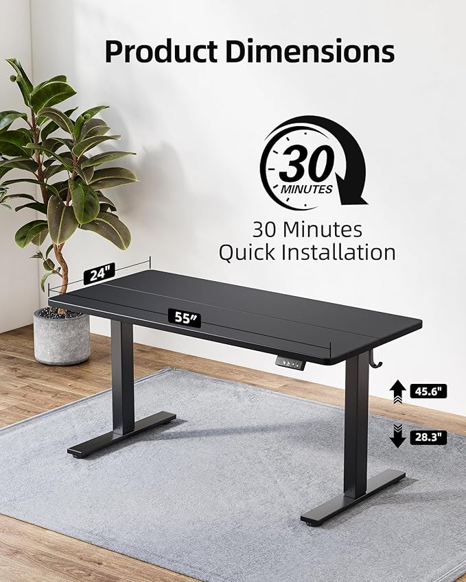 TIQLAB Standing Desk 55 x 24 inch, Electric Height Adjustable with Splice Board, Stand Up Desk, Sit Stand Desk Computer Desk for Home Office, Black Frame/Black Top