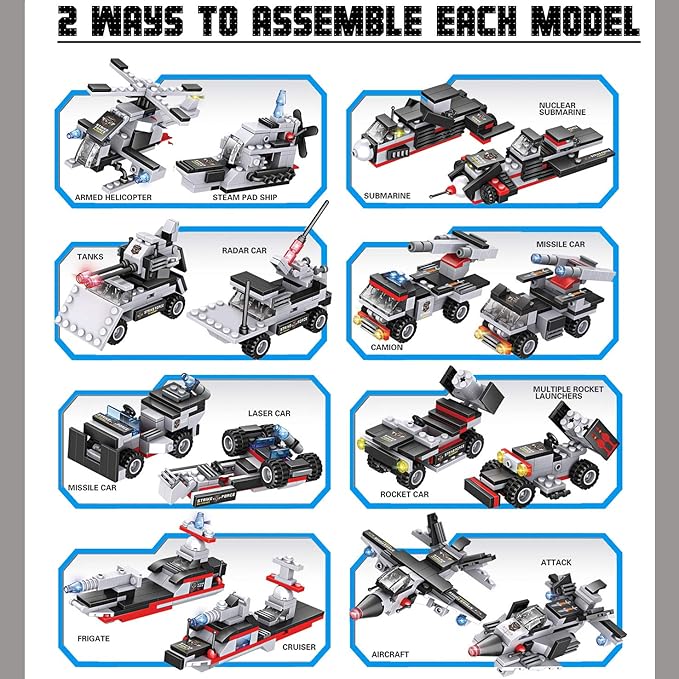 825pc Military Aircraft Carrier Fleet Construction Toy - 8-in-1 Naval Battleship Models with Navy Vehicles, Jets & More - Compatible with Lego Bricks - Storage Case Included