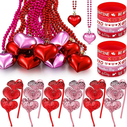 36 Pieces Valentine's Day Party Favors Set Includes 8 Valentines Heart Sequin Headbands 8 Heart Shaped Pendant Bead Necklaces 20 Silicone Bracelets Gifts for Valentine's Day Costume Party Accessory