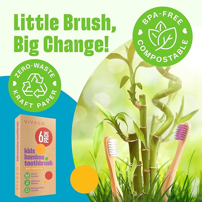 Kids Bamboo Toothbrushes Soft Bristles 6 Pack - Biodegradable Wooden Children Toothbrush Set - Eco-Friendly Natural Kids Toothbrush