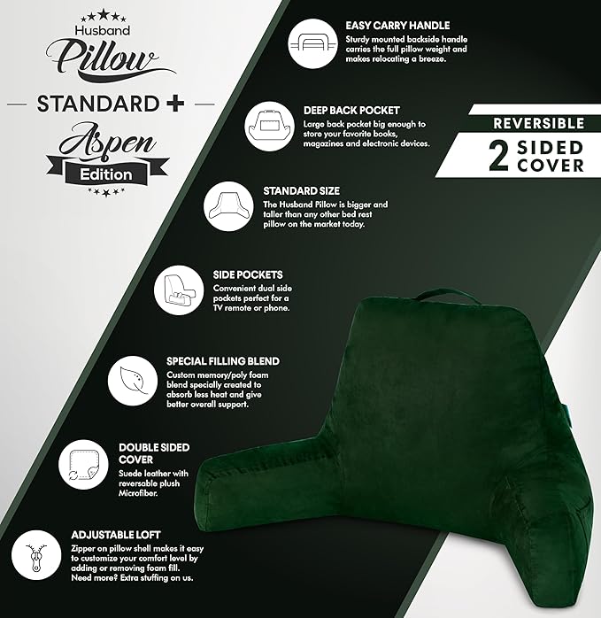 Husband Pillow Aspen Ramona Green, Reading Pillow Bed Rest Chair, Two-Sided Reversible Fabric, Large Lounge Cushion Adult Backrest with Arms, Comfy Back Support for Sit Sitting Up, Wash/Remove Cover