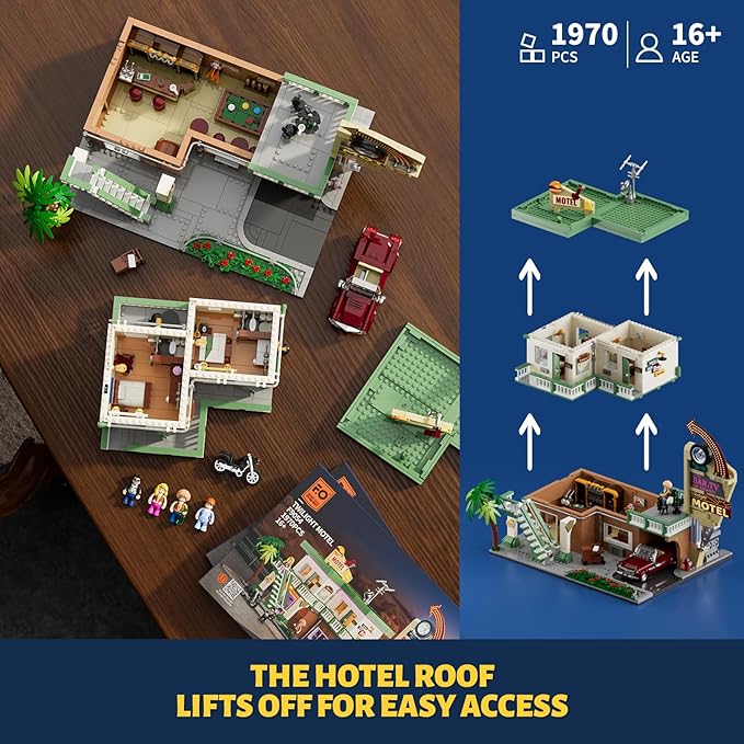 FUNWHOLE City Car-Hotel Lighting Building-Bricks Set - Road Trip Modular Twilight Motel Collection LED Light Car and Motorcycle Building Set 1970 Pcs for Adults and Teen