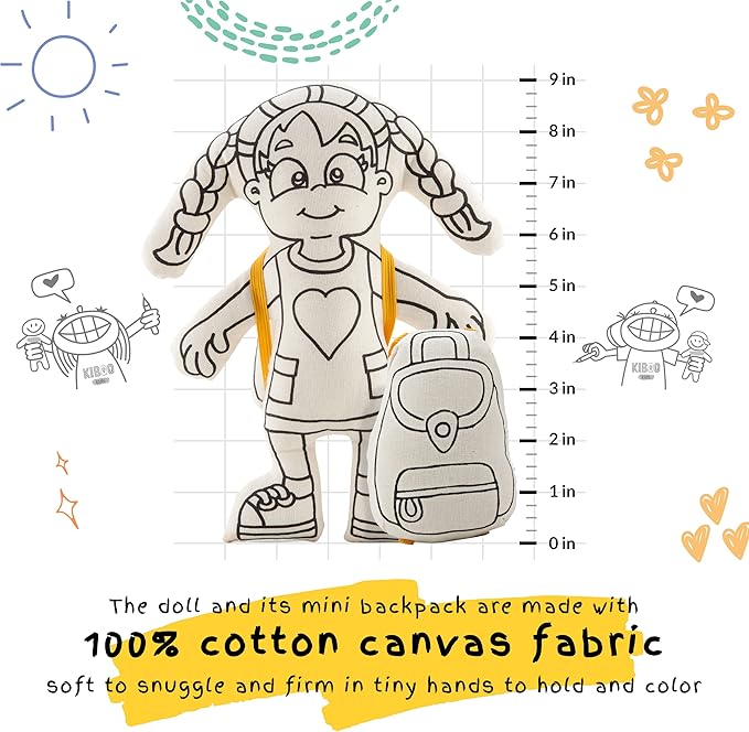 Color Your Doll - Washable Art Toy with Mini Doll Backpack and Markers - Educational Craft for Creative Play (Girl Doll with Braids)