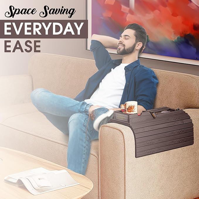 Couch Cup Holder with 2 Cork Coasters | Couch Caddy with Detachable Tray | Anti-Slip Foldable Armrest Sofa Tray, Anti-Spill Holder for Remote, Snacks, Cellphone - Ideal Gift (Walnut)