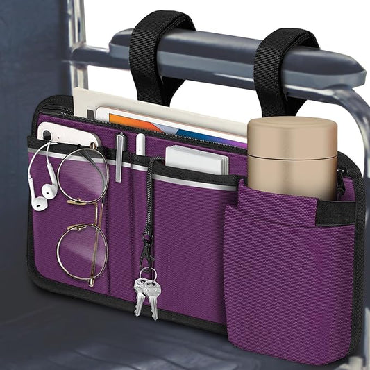 FINPAC Wheelchair Side Storage Bag w/Cup Holder, Wheelchair Armrest Accessories Pouch with Pen Slot and Reflective Strips for Power Walkers, Rollators, Seniors - Purple