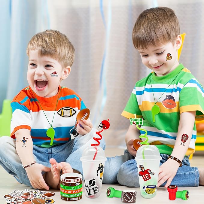 146 Pcs Football Party Favors, Sports Party Supplies with Cup Straw Football Keychain Tattoo Sticker Slap Bracelet Whistle Treat Bag Gifts for Classroom Rewards Football Birthday Party (Football)