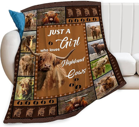 Just A Girl Who Loves Highland Cows Throw Blanket Cute Farm Cow Animal Plush Fleece Soft Cozy Cartoon Highland Cattle Gifts Blanket for Kids Girls Adults Couch Bed Chair Office Dorm Decor 40''X50''