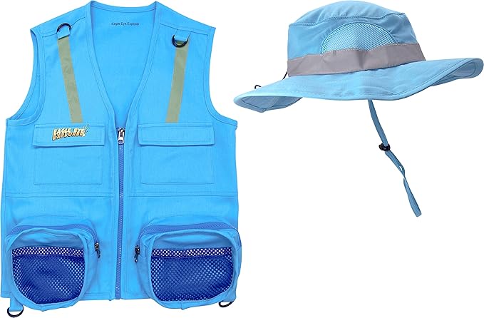Light Blue S/M Vest and Hat Fits Youth Size 4-7; 1 Blue Cargo Vest for Kids with Reflective Safety Straps & 1 Floppy Bucket Sun Hat with Chin Strap. Color: Light Blue Fits 4-7