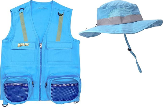 Light Blue S/M Vest and Hat Fits Youth Size 4-7; 1 Blue Cargo Vest for Kids with Reflective Safety Straps & 1 Floppy Bucket Sun Hat with Chin Strap. Color: Light Blue Fits 4-7