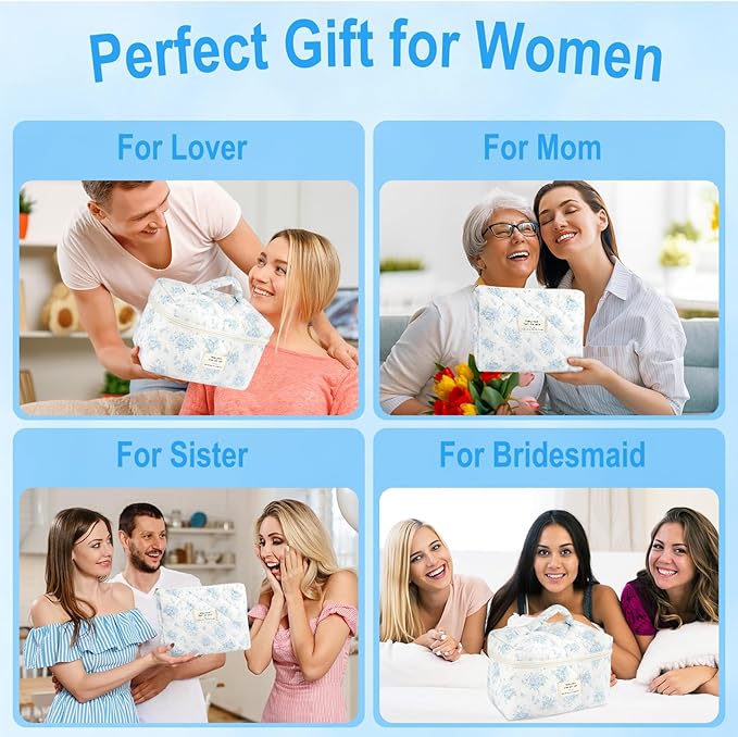 URSKYTOUS 3Pcs Cotton Quilted Makeup Bag for Women Girls Large Small Travel Floral Cosmetic Bags Set Cute Coquette Zipper Makeup Pouch for Purse Aesthetic Cloth Flower Storage Toiletry Bag Organizer