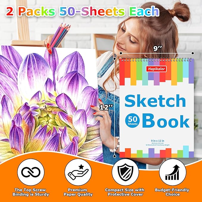 9" x 12" Sketch Book, 2-Pack 50 Sheets Spiral Bound Art Sketchbook, Acid Free Artist Drawing Book Paper, Art Supplies for Adults Kids, Craft Activities, Sketch Paper for Drawing Coloring Sketching
