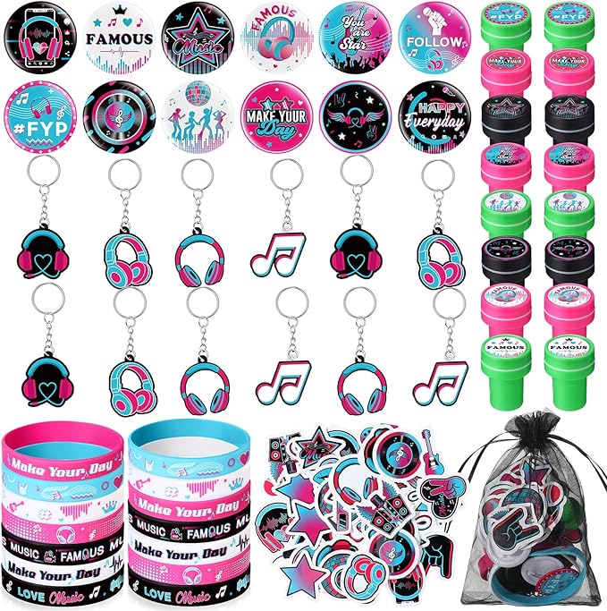 Capoda 110 Pcs Music Party Favor Supplies Kit Media Theme Gift Bag Filler Silicone Bracelets Button Pins Music Keychains Stampers Stickers for Boys Girls Music Birthday Party Decorations Supplies