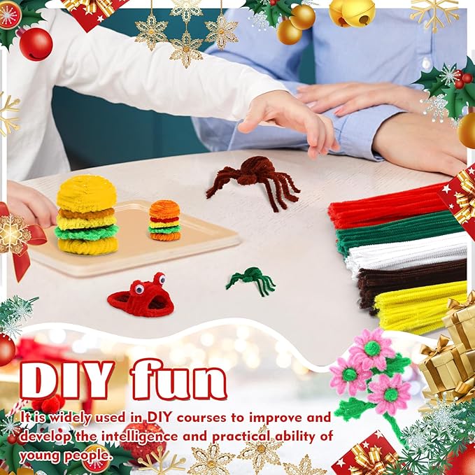 LOKUNN Pipe Cleaners, 200 Pcs Red Pipe Cleaners Craft Set, Solid Color Chenille Stems, DIY Arts and Crafts with Adhesive Eyes and Storage Box, Christmas Halloween Decoration Art Supplies
