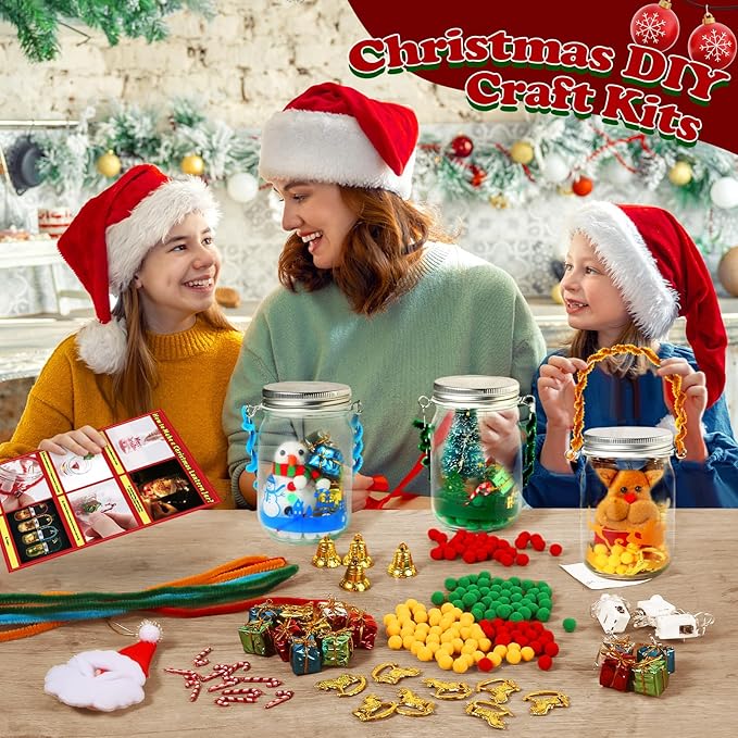Christmas Craft Kits for Kids, 4PCS Christmas Mason Jar Kit with Accessories for Kids DIY Christmas Craft Supplies, Christmas Art & Craft Kits Xmas Activities Party Favor Gifts for Kids Aged 3-12