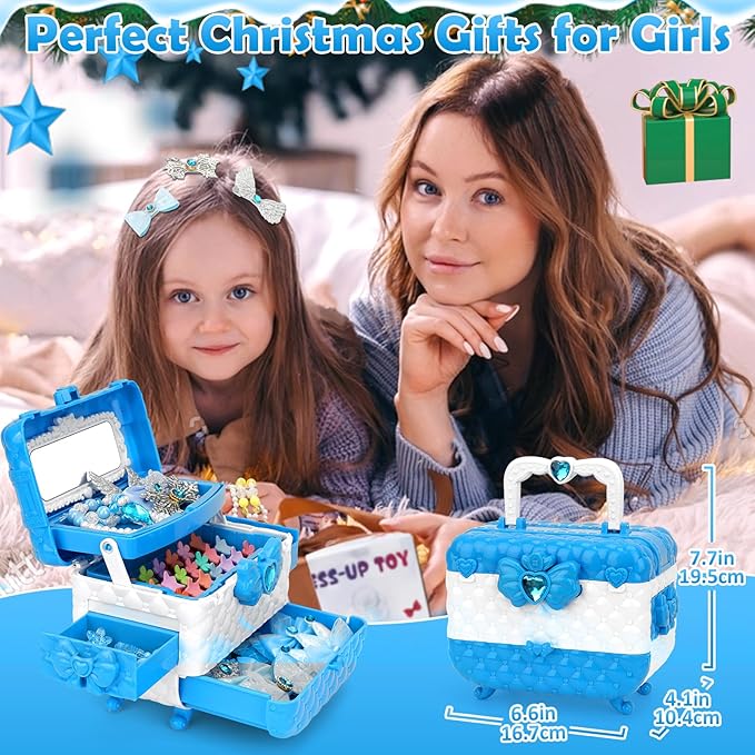 Kids Jewelry Toys for Girls, Toddler Dress Up Toy, Pretend Play Jewelry Set, Princess Jewelry with Snowflake Hair Clips & Hair Ties, for Girls Age 3 4 5 6 7 8 9 10