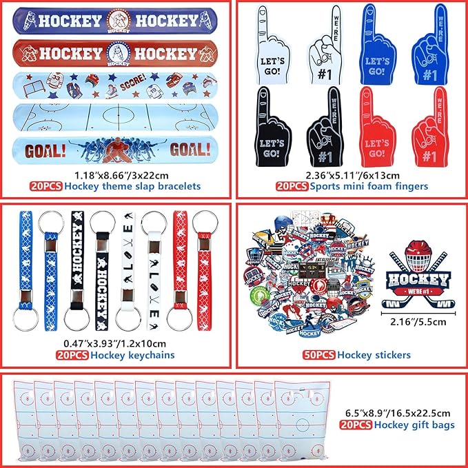 130PCS Hockey Party Favors - Incliding Hockey Keychains, Ice Hockey Gift Bags, Slap Bracelets, Hockey Stickers, Sports Mini Foam Fingers for Boys Fans Sports Hockey Birthday Party Supplies