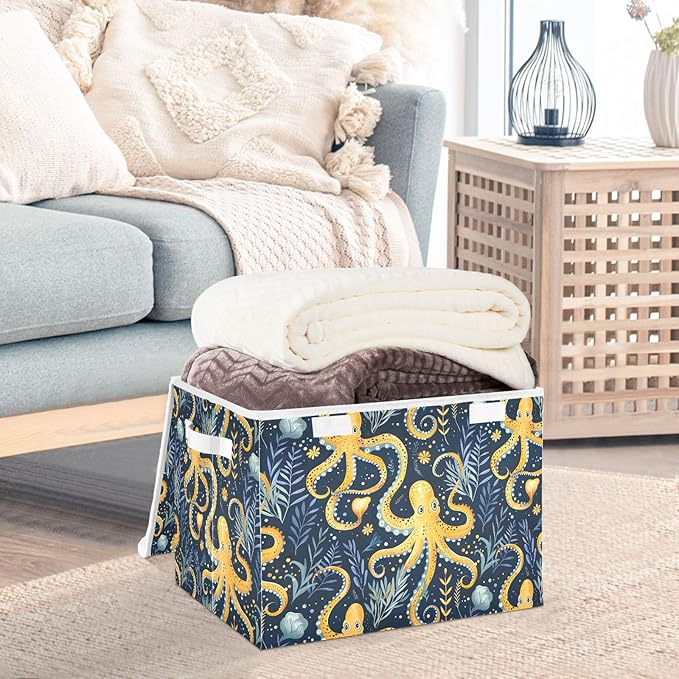 senya Large Storage Bins with Linen Collapsible Foldable Storage Cubes Fabric Closet Organizer Containers box with Flip-Top Lid for Home Bedroom Office 16.7 x 12.6 x 11.8in (Octopus and Water Grass)