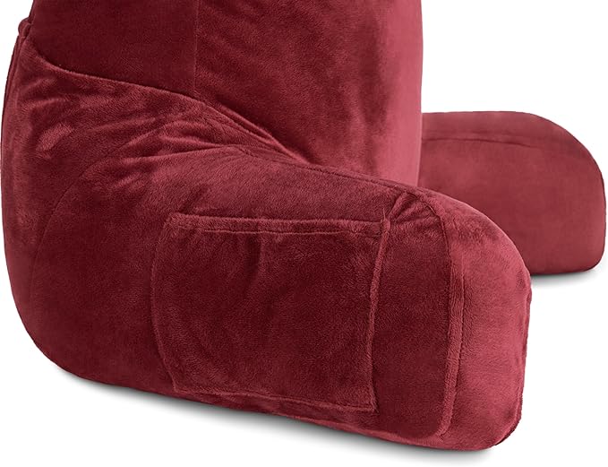 Husband Pillow Maroon, Original Reading Pillow in Bed Rest Chair, Shredded Memory Foam Large Lounge Cushion Adult Backrest with Arms, Comfy Back Support for Sit Sitting Up, Washable/Removable Cover