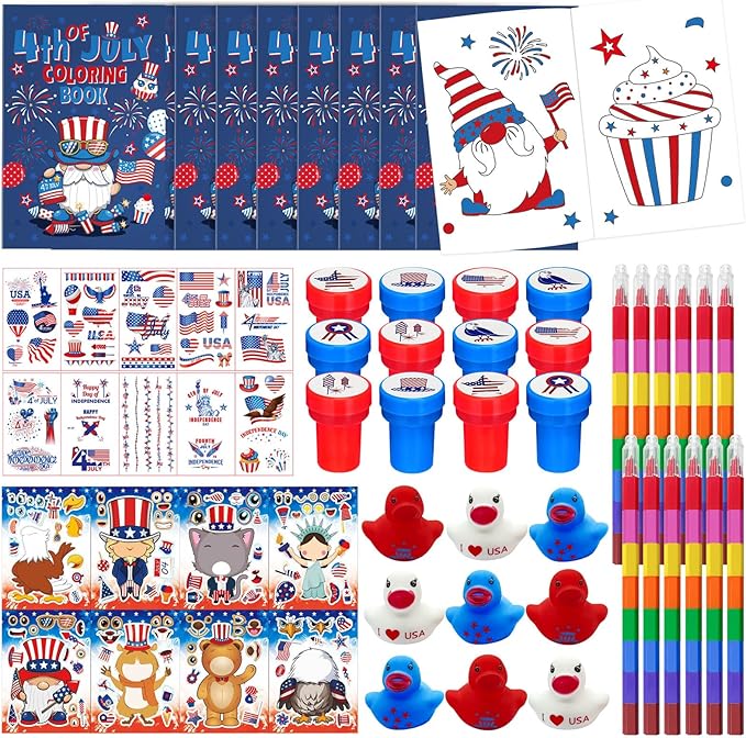72 Pcs Patriotic Party Favors Set, 4th of July Coloring Books Red White Blue Party School Exchange Gifts Tattoo DIY Sticker Stampers Class Reward Prizes for Independence Memorial Day Party Supplies