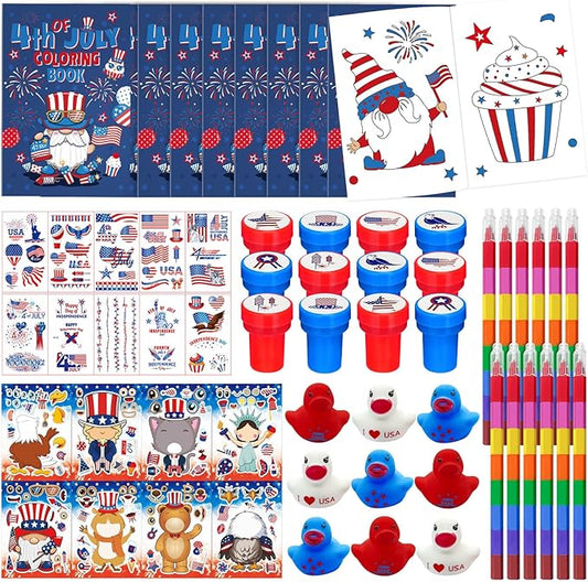 72 Pcs Patriotic Party Favors Set, 4th of July Coloring Books Red White Blue Party School Exchange Gifts Tattoo DIY Sticker Stampers Class Reward Prizes for Independence Memorial Day Party Supplies