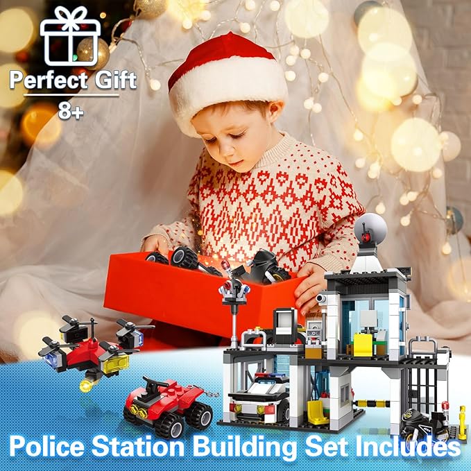 City Police Station Building Set, Compatible with Lego Police, 564PCS City Police Sets with Police Car, Motorcycle, Trailer and Drone, Compatible with Lego Police Kits, Gift for Boys 6-12