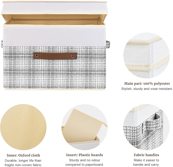 TYEERS Collapsible Storage Bins with Lids, Patchwork Design, Washable, Fabric Storage Boxes, 14.9x9.8x9.8 inches, 3 Pack, Gray