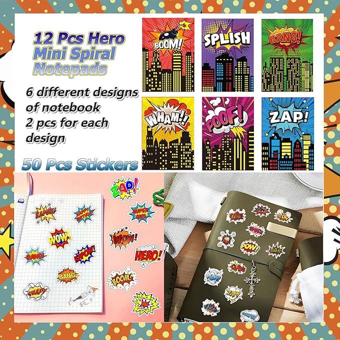 122 Pcs Superhero Party Favors with Slap Bracelets,Punch Balloons,Superhero Stickers,Button Pin Badges,Notepads,Pen,Finger Lights for Superhero Themed Goody Bag Stuffer Class Prize