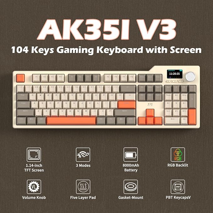 NACODEX AK35I V3 104 Keys RGB Gasket Mount Mechanical Keyboard | Amazing 8000mAh Bluetooth /2.4G /Wired PC Gaming Custom Keyboard with Five Layer Pad | Knob Control | Cherry Profile PBT Keycaps