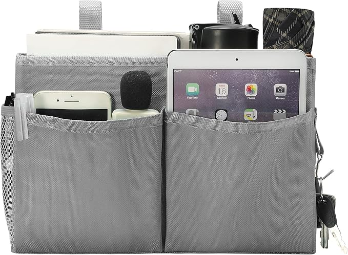 Bseash Bunk Bed Organizer, Bedside Caddy Hanging Bed Organizer Storage Bag with 4 Pockets and 2 Hooks, for College Dorm Rooms Bed, Hospital Bed, Baby Bed Rails, 600D Oxford Cloth (Gray)