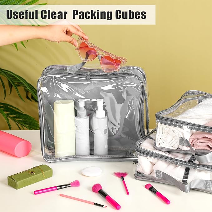 6 Pieces Large Clear Travel Packing Cube Clear Vinyl Zippered Storage Bags See Through Moving Bag PVC Multipurpose Pouch with Handle for Suitcase Shirts Dress Storage (Gray, 11.8 x 10.2 x 3.9 Inch)