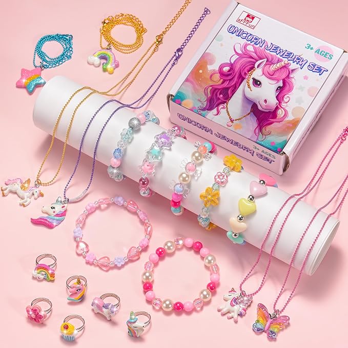 Kids Jewelry for Little Girls Ages 4-6, Unicorn Play Necklace Bracelets Rings for Toddlers Girls 3-5 6-8, Childrens Costume Dress Up Jewelry Set, Princess Gifts for 3 4 5 7 6 8 Year Old Party Favor