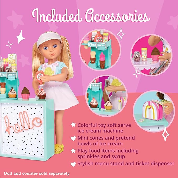 Glitter Girls – Ice Cream Set – Accessories for 14-inch Dolls – Soft-Serve Machine, Cones, Syrup – Menu Stand & Ticket Dispenser – 3 Years + – GG Soft Serve Ice Cream Playset