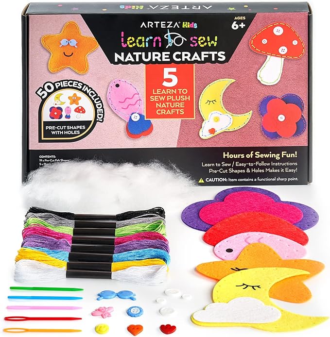 Arteza Kids Hand Sewing Kit, 5 Learn to Sew Plush Nature Crafts, 50 Pieces, Pre-Cut Felt Shapes, Plastic Needles, Plush Fill, Buttons, and Thread, Kids’ Craft Supplies with Instruction Guide