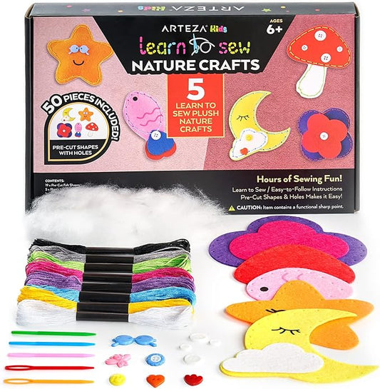 Arteza Kids Hand Sewing Kit, 5 Learn to Sew Plush Nature Crafts, 50 Pieces, Pre-Cut Felt Shapes, Plastic Needles, Plush Fill, Buttons, and Thread, Kids’ Craft Supplies with Instruction Guide