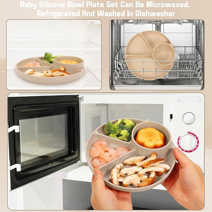 Silicone Baby Feeding Set, Baby Led Weaning Supplies, Silicone Suction Plate, Bowl, Spoons, Fork, Waterproof Bib, Cup and Food Tableware, Eating Utensils Baby Feeding Essentials for 3+ Months