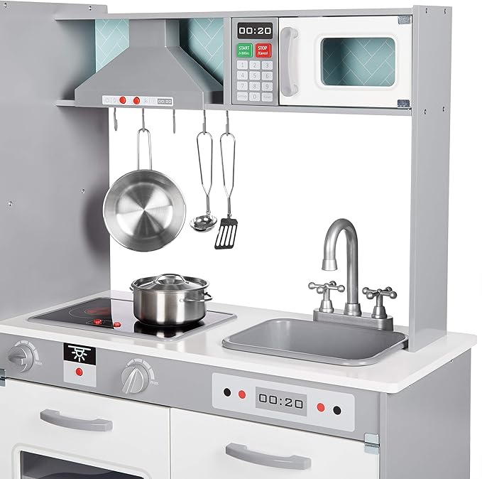 Amazon Basics Kids Upright Wooden Kitchen Toy Playset with Stove, Oven, Sink, Fridge and Accessories, for Toddlers, Preschoolers, Children Age 3+ Years, White & Gray, 39"L x 11.8"W x 39'H'