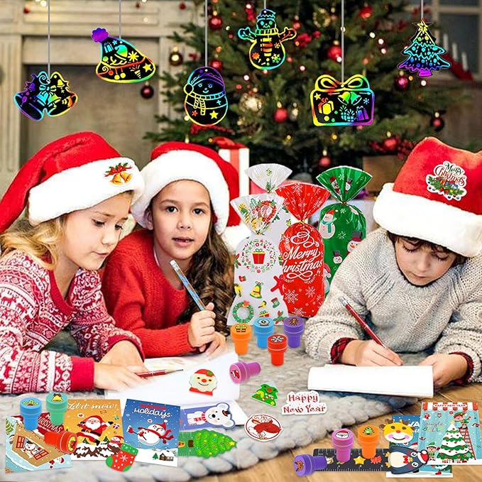 Bluegogo 218Pcs Christmas Party Favors for Kids, Christmas School Stationery Set Christmas Goodie Bags Christmas Toys Bulk Classroom Prizes Christmas Stationery Kit for Party Gift Fillers