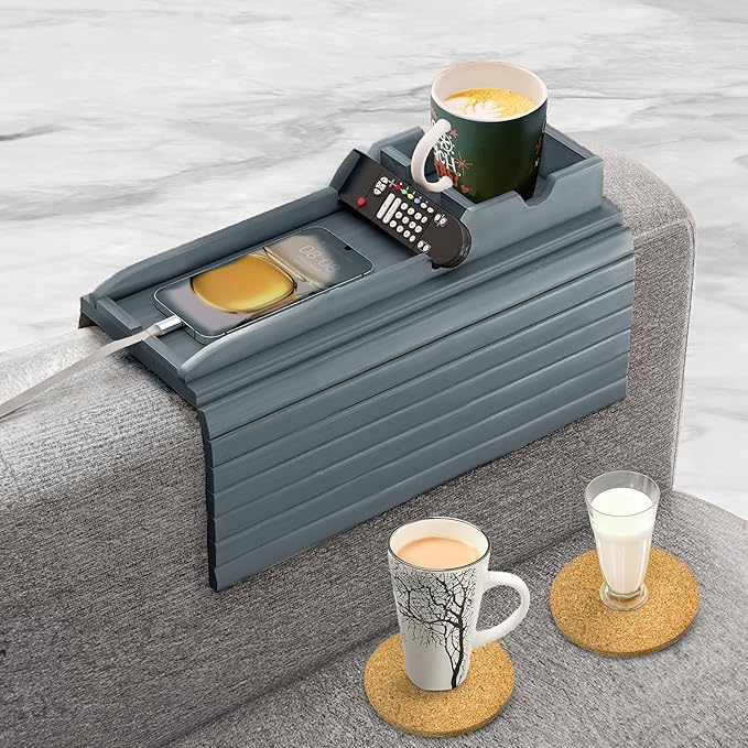 Couch Cup Holder Tray with 2 Cork Coasters, Caddy, Anti-Slip Foldable Armrest Sofa Tray, Anti-Spill Holder for Remote, Snacks, Cellphone - Ideal Gift (Grey)