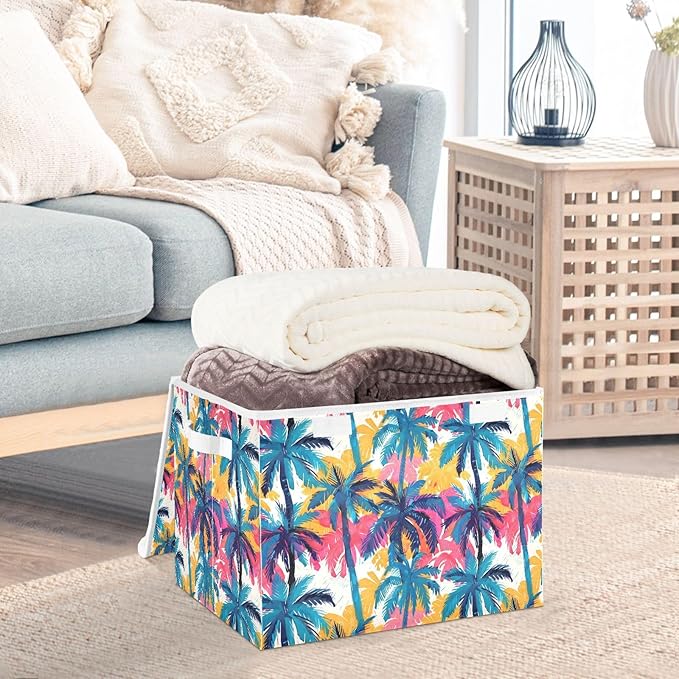 senya Large Storage Bins with Linen Collapsible Foldable Storage Cubes Fabric Closet Organizer Containers box with Flip-Top Lid for Home Bedroom Office 16.7 x 12.6 x 11.8in (Dinosaur Palm Trees)