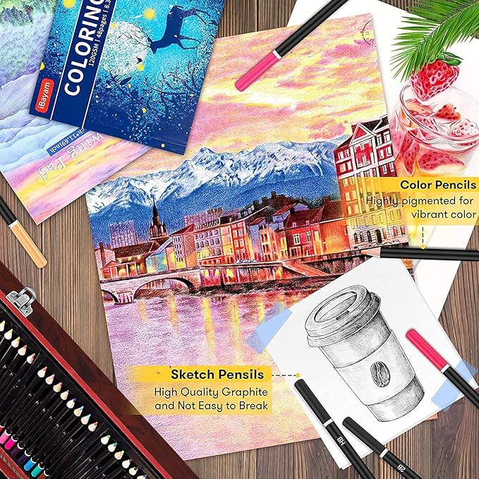 iBayam Art Supplies, 150-Pack Deluxe Wooden Art Set Crafts Drawing Painting Kit with 1 Coloring Book, 2 Sketch Pads, Creative Gift Box for Adults Artist Beginners Kids Girls Boys