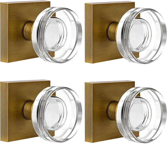 coolnews 4 Pack Antique Brass Door Knob Dummy Door Knobs Crystal Door Knobs Interior, Old Style Door Knob Square Glass Door Knob Antique Door Handle for Pantry Closet Bifold Door Knob