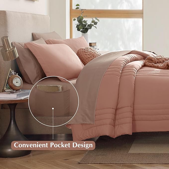 Monbix Queen Comforter Set - 7 Pieces Clay Pink Bed in a Bag Queen Bedding Sets with Comforters, All Seasons Comforter Bed Set with Sheets, Pillowcases & Shams
