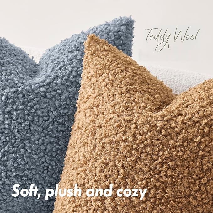 Woaboy Faux Fur Throw Pillow Covers 20x20 Inch Set of 2 Boucle Neutral Decorative Sherpa Fuzzy Accent Soft Sheepskin Fleece Cushions Modern Home Decor for Couch Sofa Bedroom Living Room,Light Brown