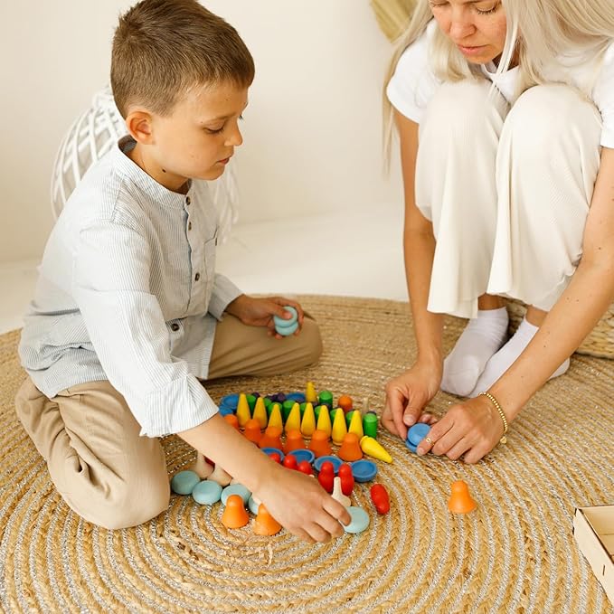 Ulanik Mandala Rainbow Patterns Toddler Montessori Toys for 3 Year Old + Wooden Building Set Matching Game for Learning Color Sorting & Counting — 80 Figurines