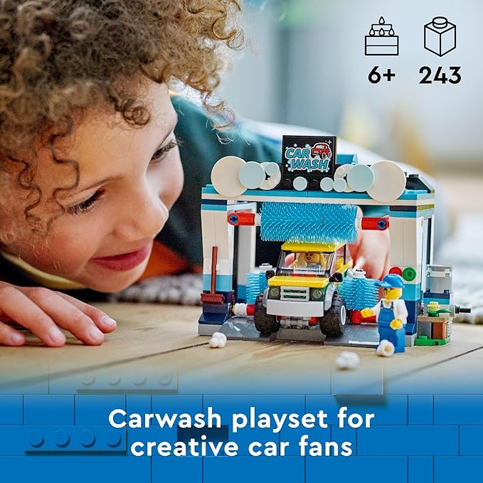 LEGO City Car Wash 60362 Building Toy Set, Fun Gift Idea for Kids Ages 6+, Features Spinnable Washer Brushes and Includes an Automobile and 2 Minifigures