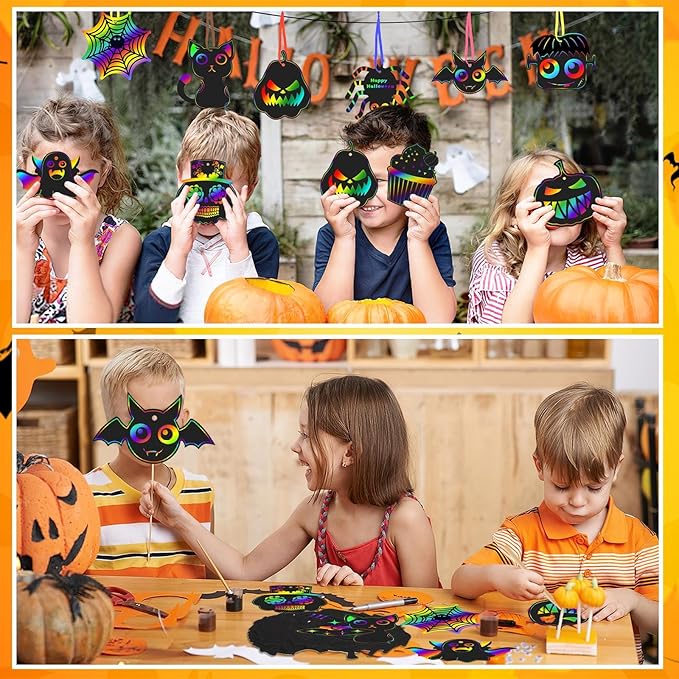 FEBSNOW Halloween Crafts for Kids, Magic Rainbow Halloween Scratch Art Paper Cards Halloween Tree Hanging Ornaments Halloween Gifts for Kids Holiday Party Favors Games (Halloween)