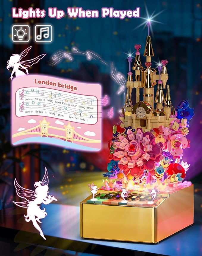 Flowers Castle Building Sets with Piano Keyboard for Kids and Adults, 771PCS Light Up Botanical Building Blocks Musical STEM Toys, Carnival Birthday Gifts for Girls and Boys Aged 6-12+
